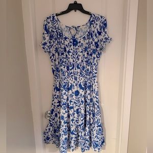 eShakti custom order Flora Fauna Print Crepe Blousy Tiered Dress Willow Pattern